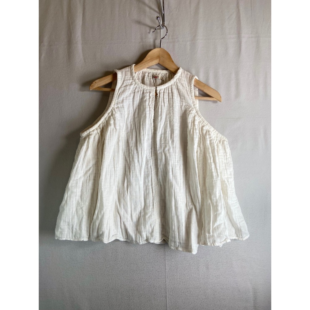 FAHERTY Gauze Sleeveless Gathered Keyhole Blouse Coastal White L Oversize